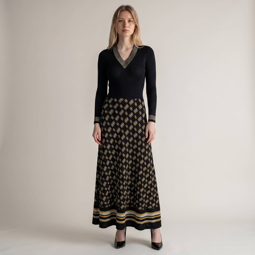 AI model wearing 1970s wool knit maxi dress