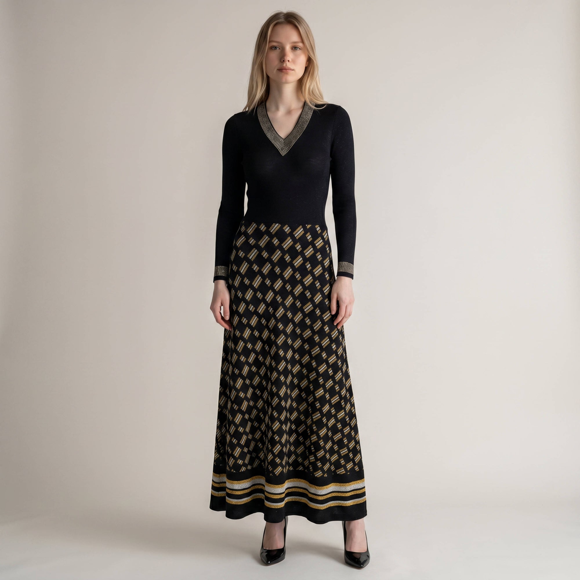 AI model wearing 1970s wool knit maxi dress