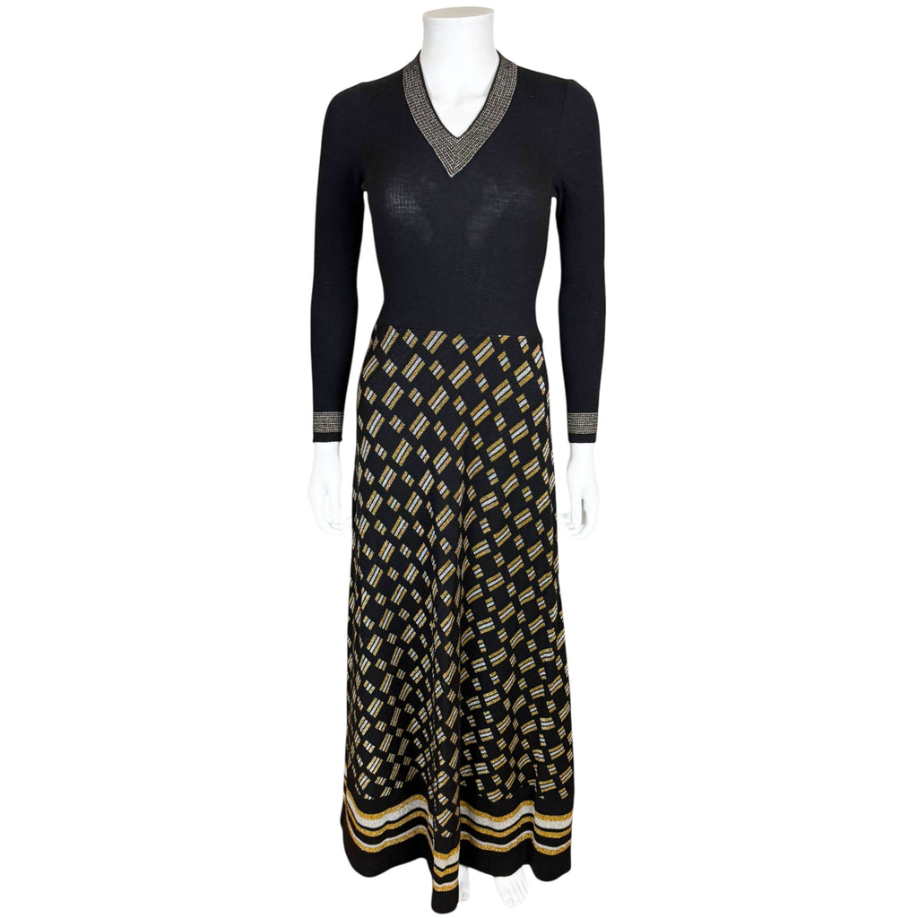 Vintage Lucia black and gold maxi dress front view