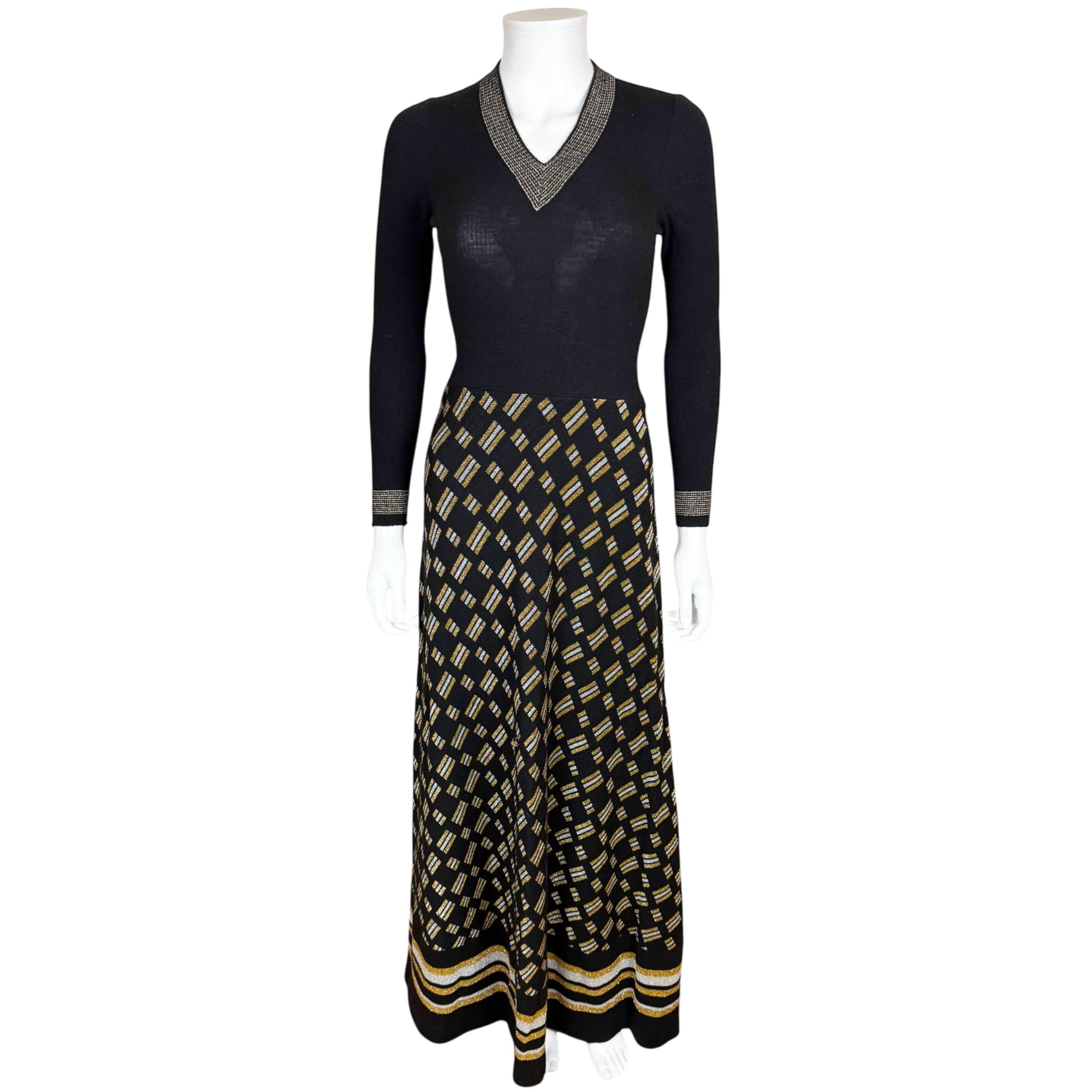 Vintage Lucia black and gold maxi dress front view