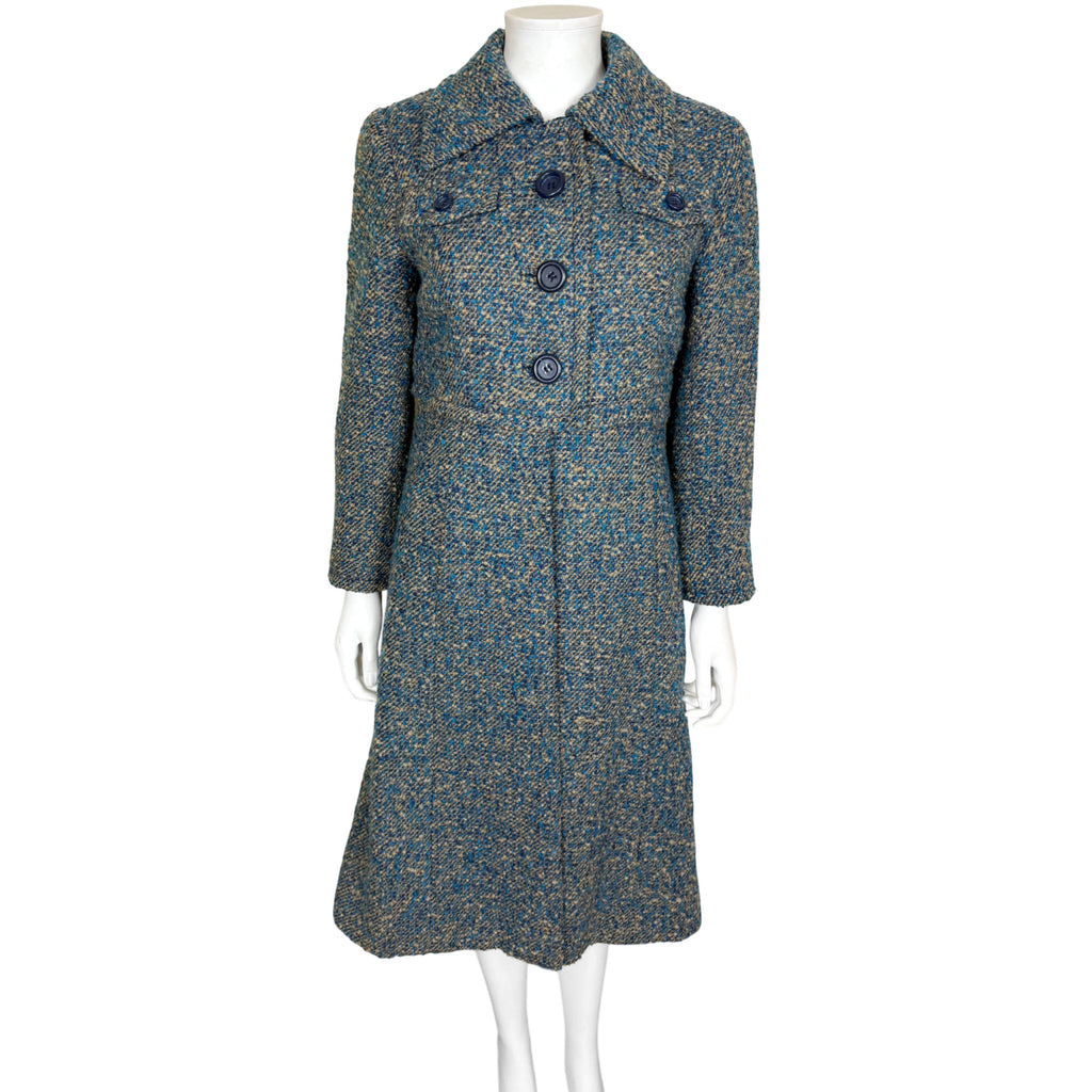 Vintage c.1970 Lydia Modell wool bouclé coat teal blue navy and camel front view