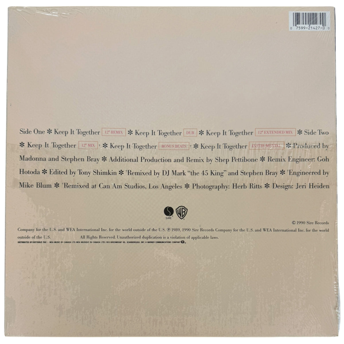 Madonna Keep It Together 12 inch maxi single Canadian pressing back cover