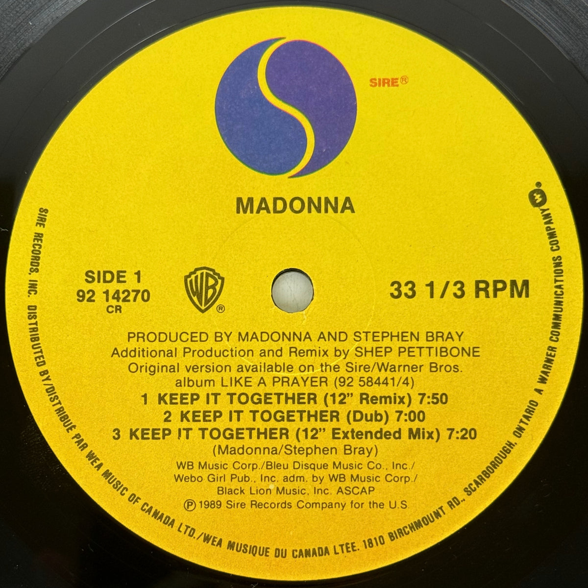 Madonna Keep It Together Canadian Sire label Side 1 catalogue 92 14270