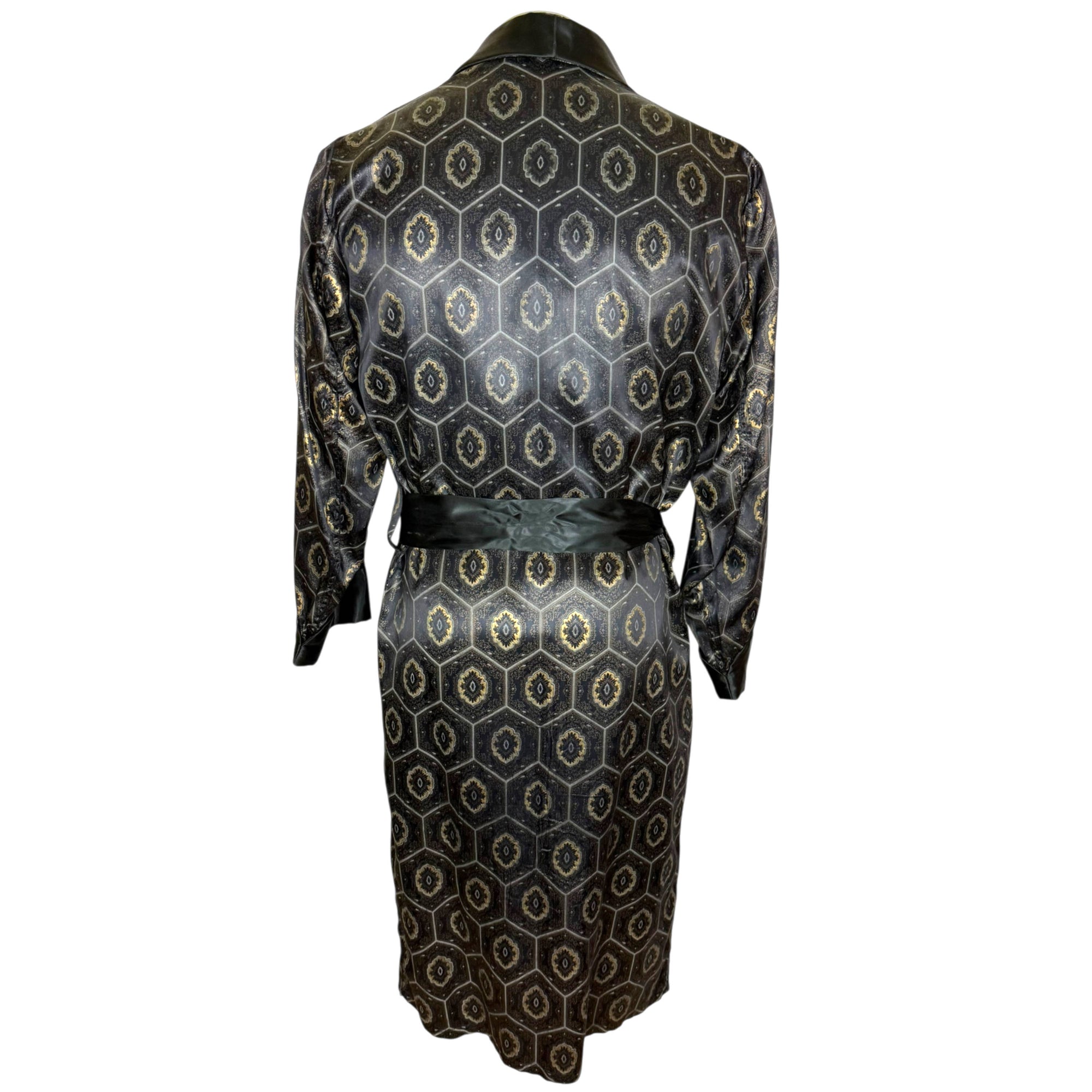 back view of black satin 1950s dressing gown