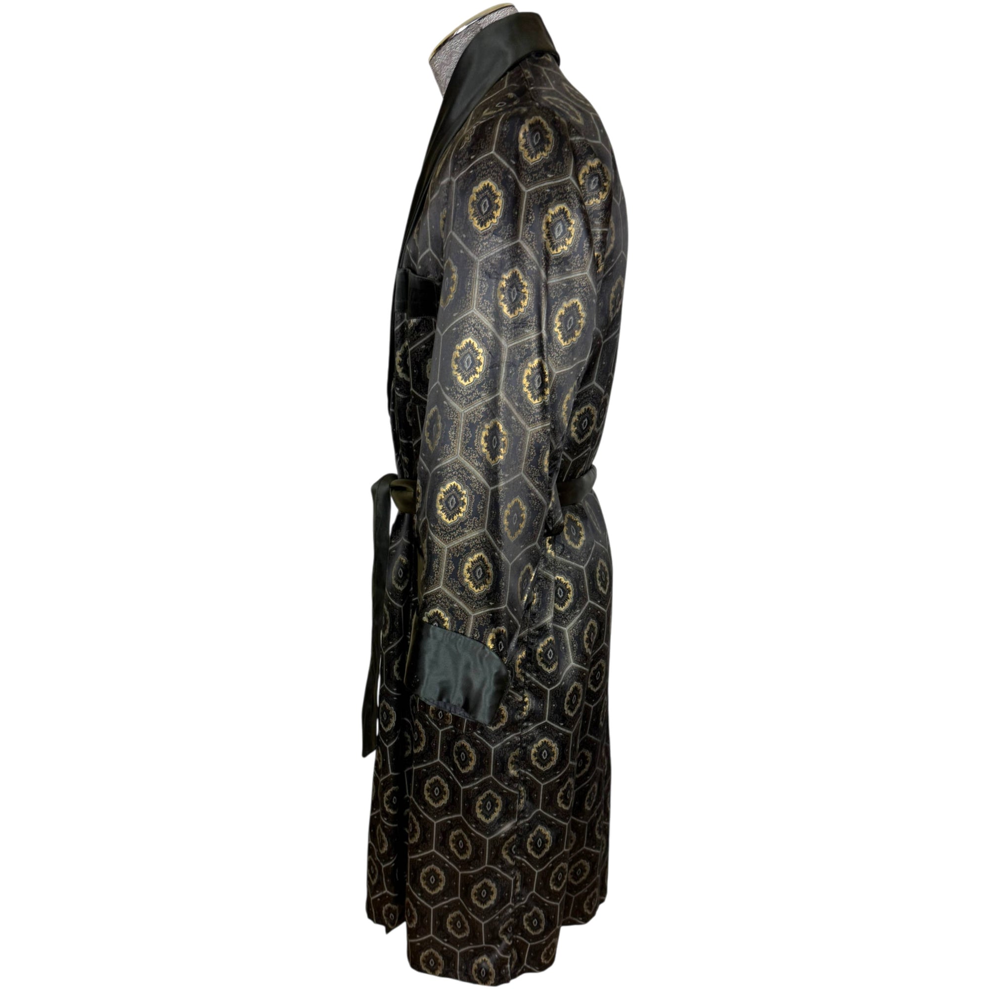 side view of printed black satin 1950s dressing gown