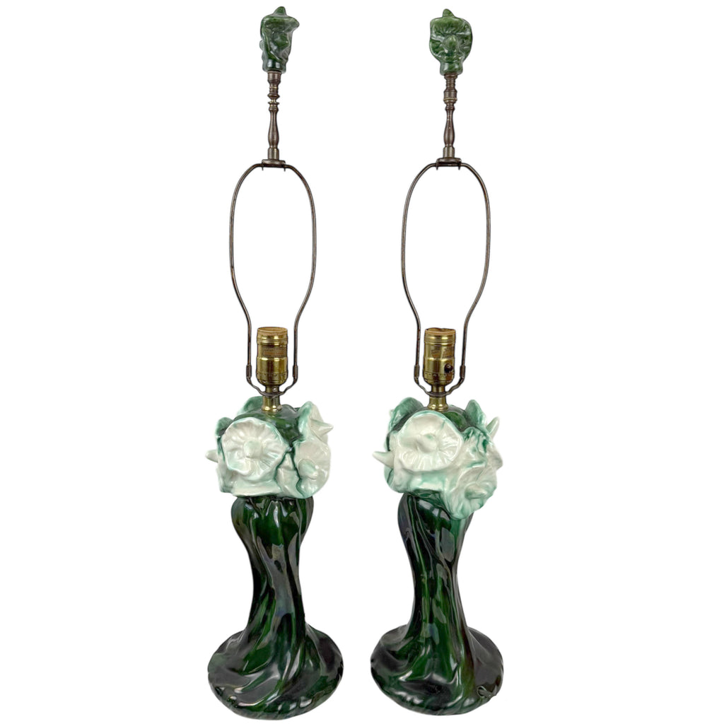 Vintage 1940s Lamps Majolica Glazed Ceramic Art Nouveau Revival