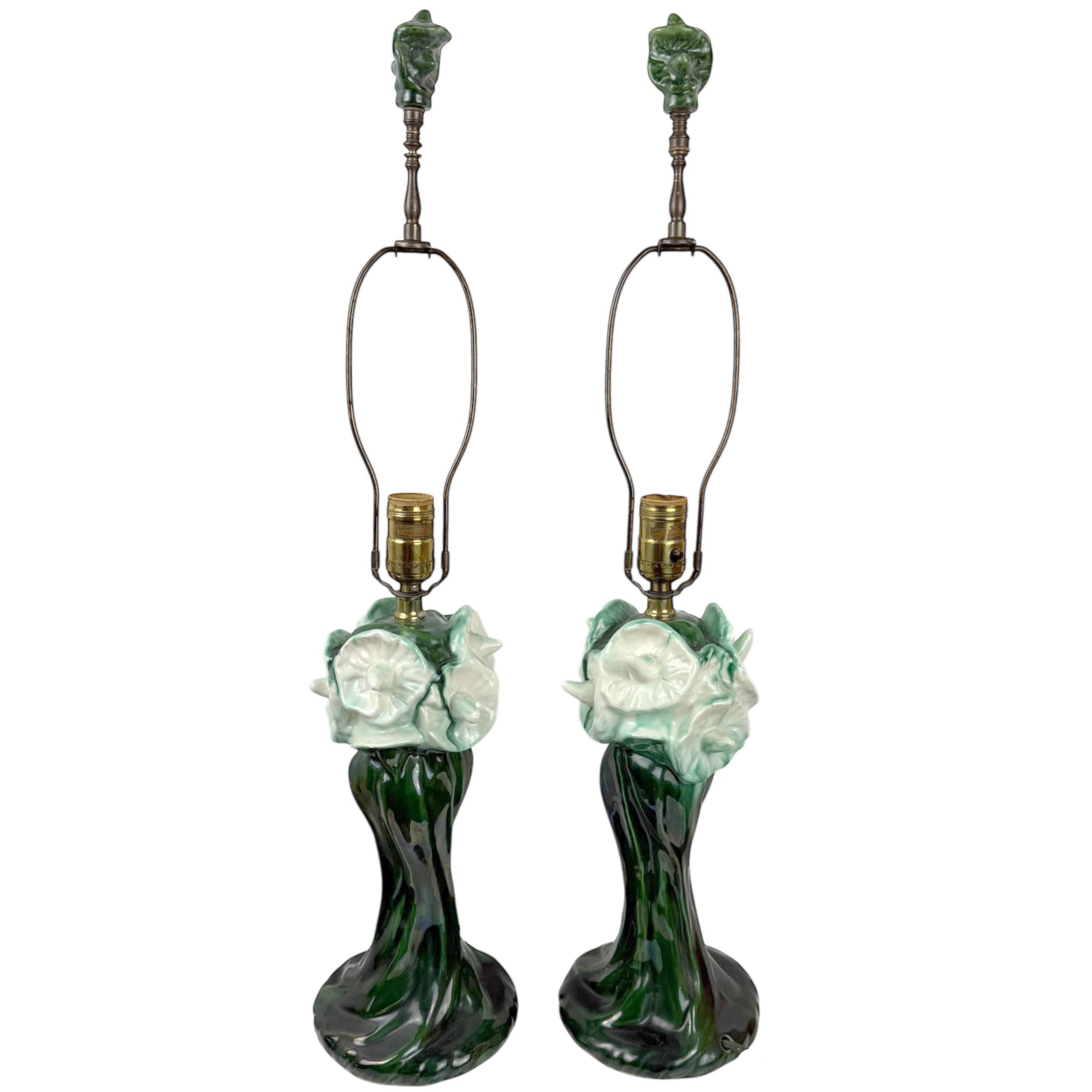 Vintage 1940s Lamps Majolica Glazed Ceramic Art Nouveau Revival