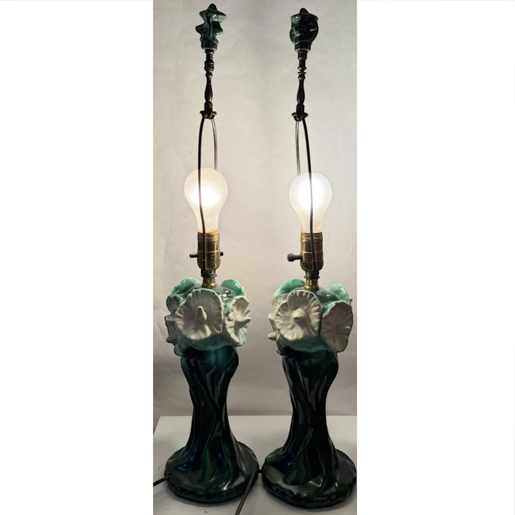 Vintage 1940s Lamps Majolica Glazed Ceramic Art Nouveau Revival