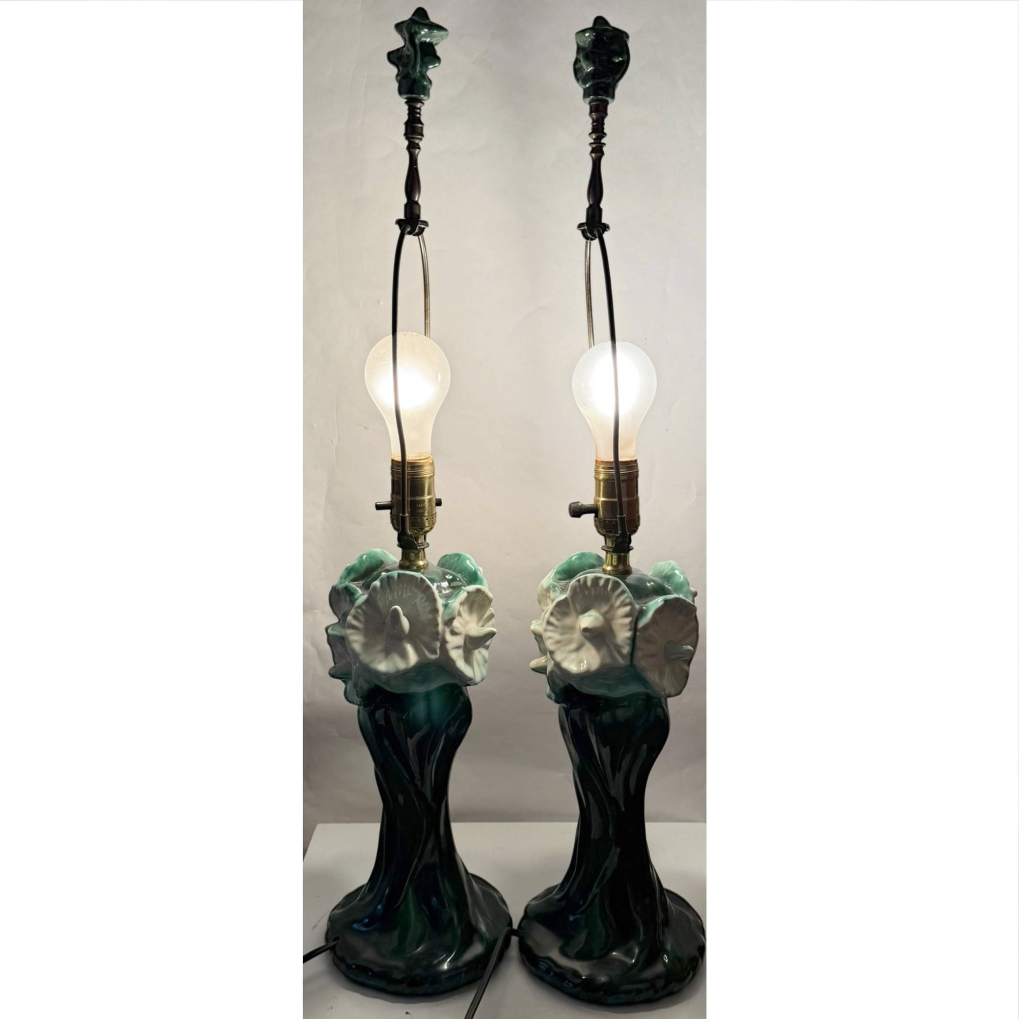 Vintage 1940s Lamps Majolica Glazed Ceramic Art Nouveau Revival
