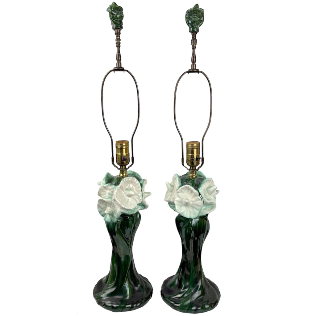 Vintage 1940s Lamps Majolica Glazed Ceramic Art Nouveau Revival