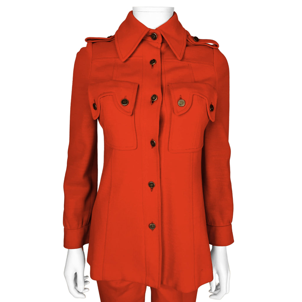 Vintage 1960s Pantsuit Orange Wool Double Knit Jacket Pants