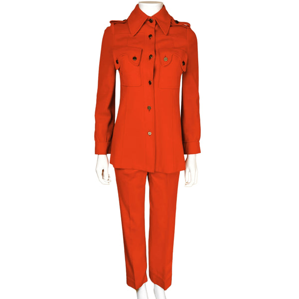 Vintage 1960s Pantsuit Orange Wool Double Knit Jacket Pants