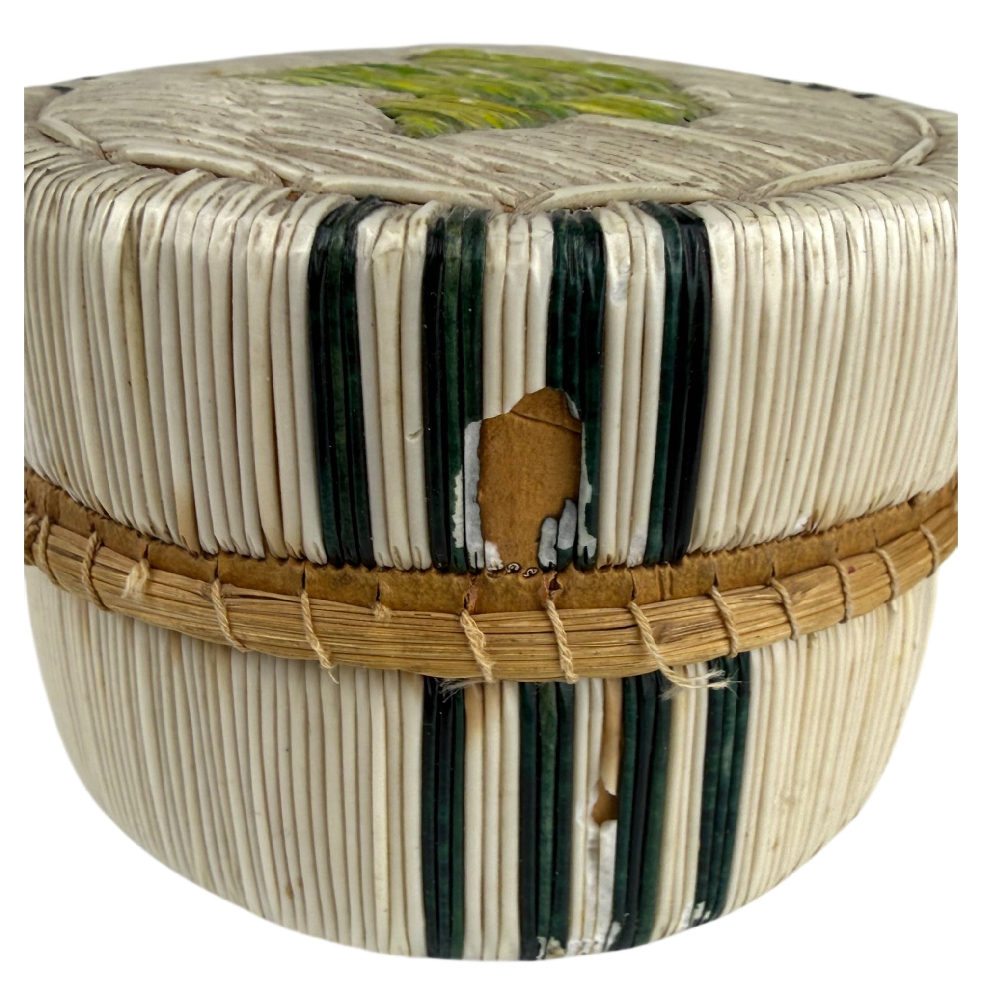 Vintage Porcupine Quill Birch Bark Box with Maple Leaf Motif Anishinaabe