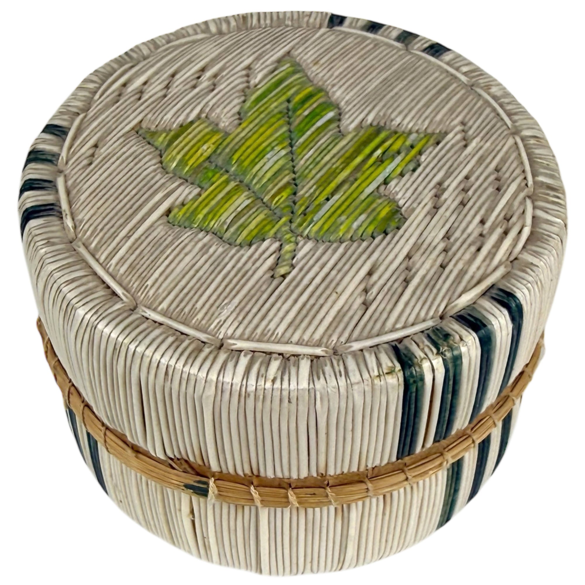 Vintage Porcupine Quill Birch Bark Box with Maple Leaf Motif Anishinaabe