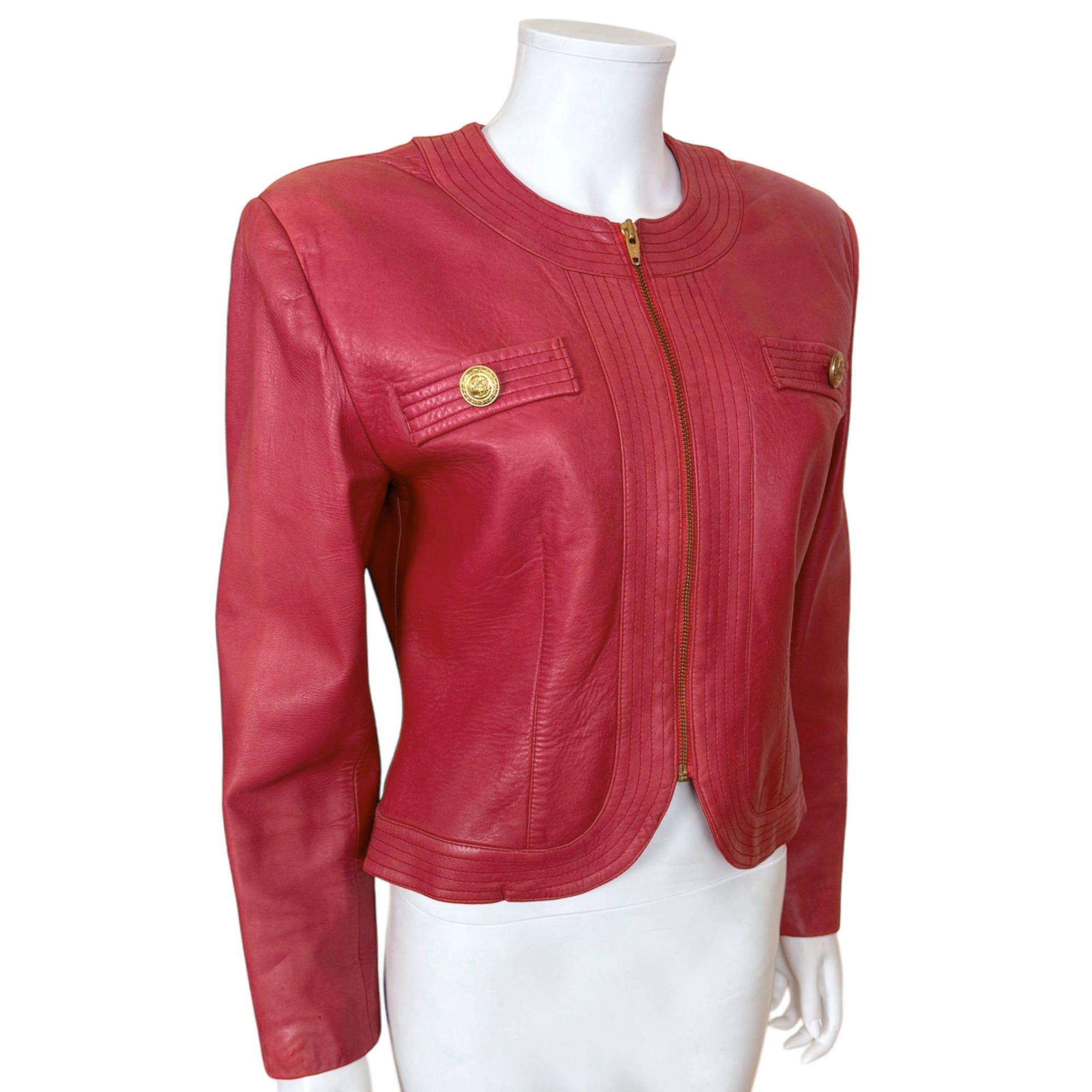 Angle view of Vintage 1970s Margaret Godfrey red leather jacket by Bagatelle 