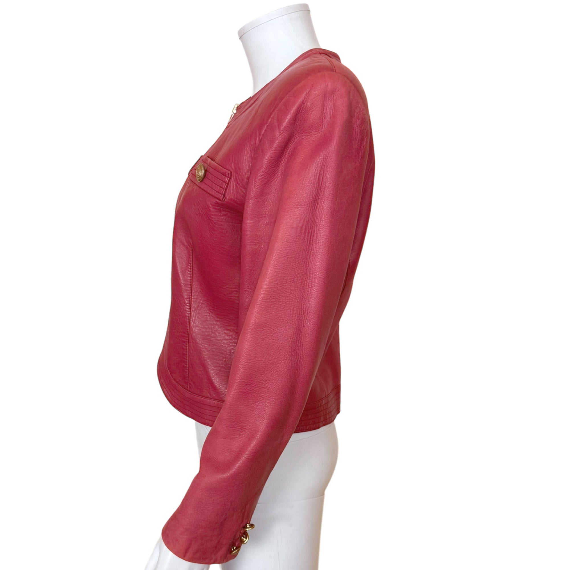 Side view of Vintage 1970s Margaret Godfrey red leather jacket by Bagatelle 