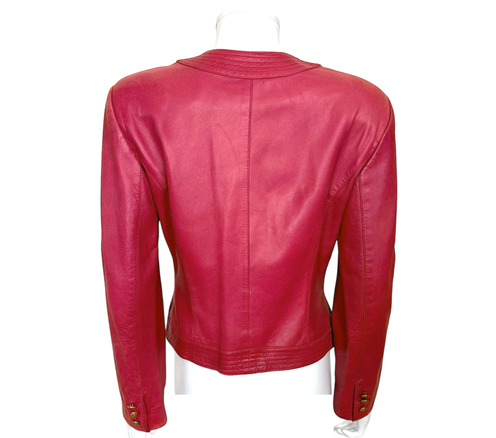 Back view of Vintage 1970s Margaret Godfrey red leather jacket by Bagatelle 