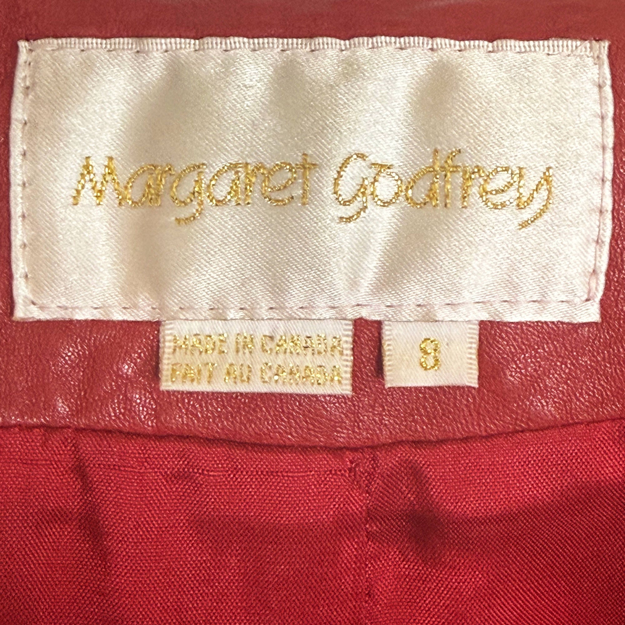 Margaret Godfrey red leather jacket label