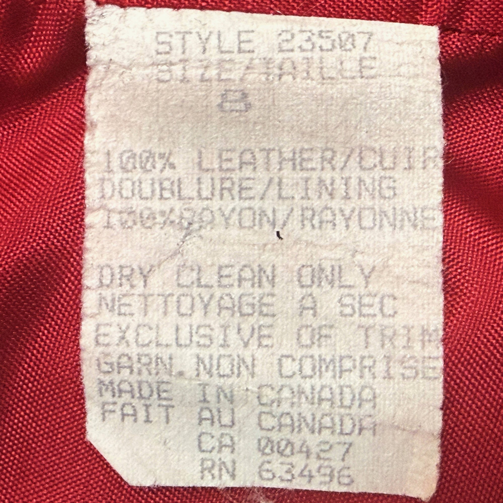 content label from view of vintage 1970s Margaret Godfrey red leather jacket by Bagatelle 