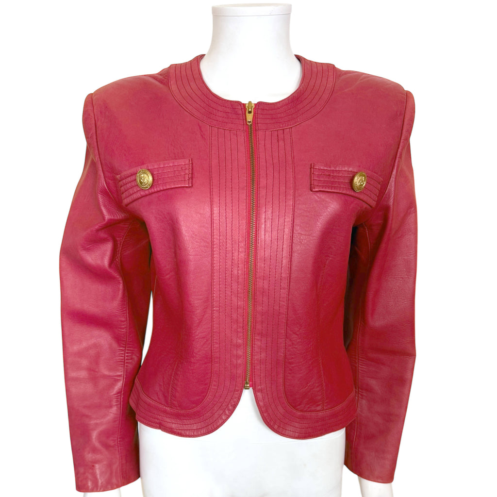Vintage 1970s Margaret Godfrey red leather jacket by Bagatelle Montreal with cropped mod revival silhouette and gold-tone crest buttons