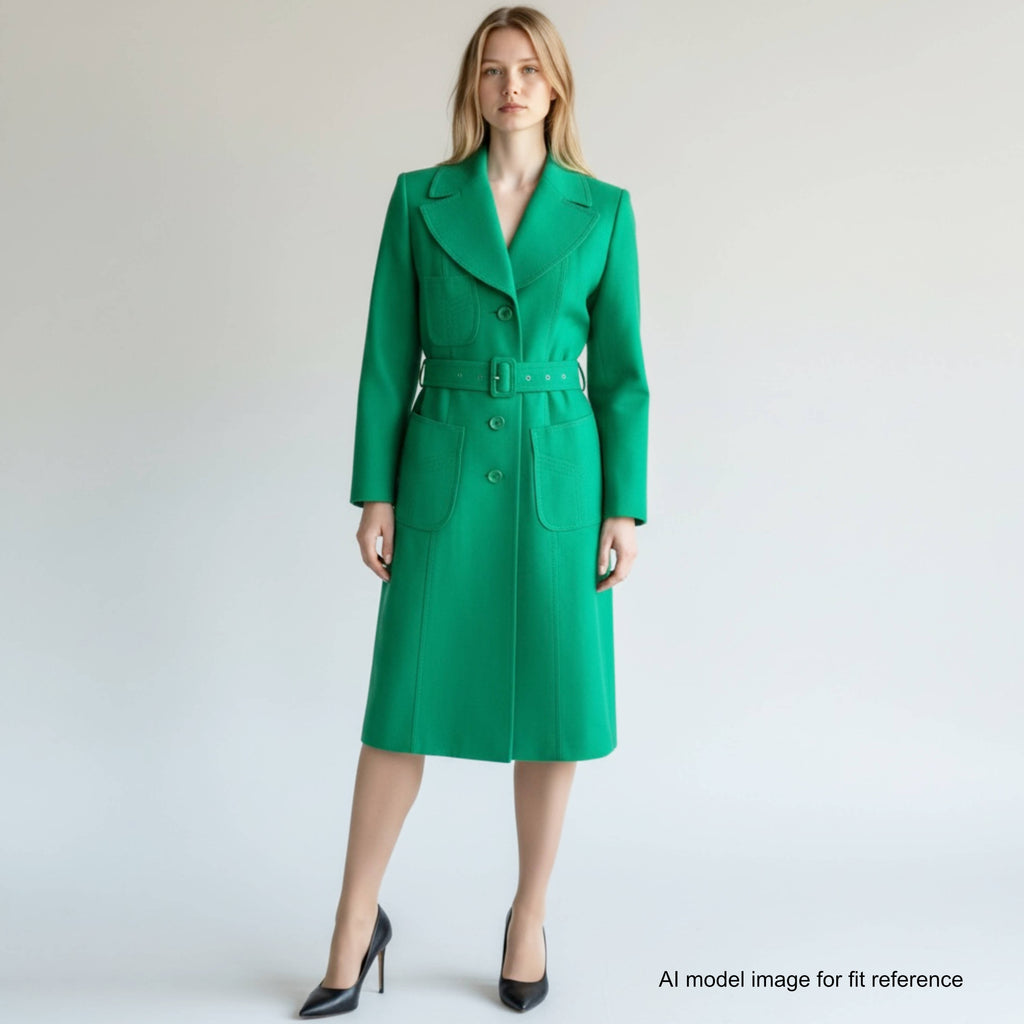 Vintage 1970s green wool spring coat worn by AI model