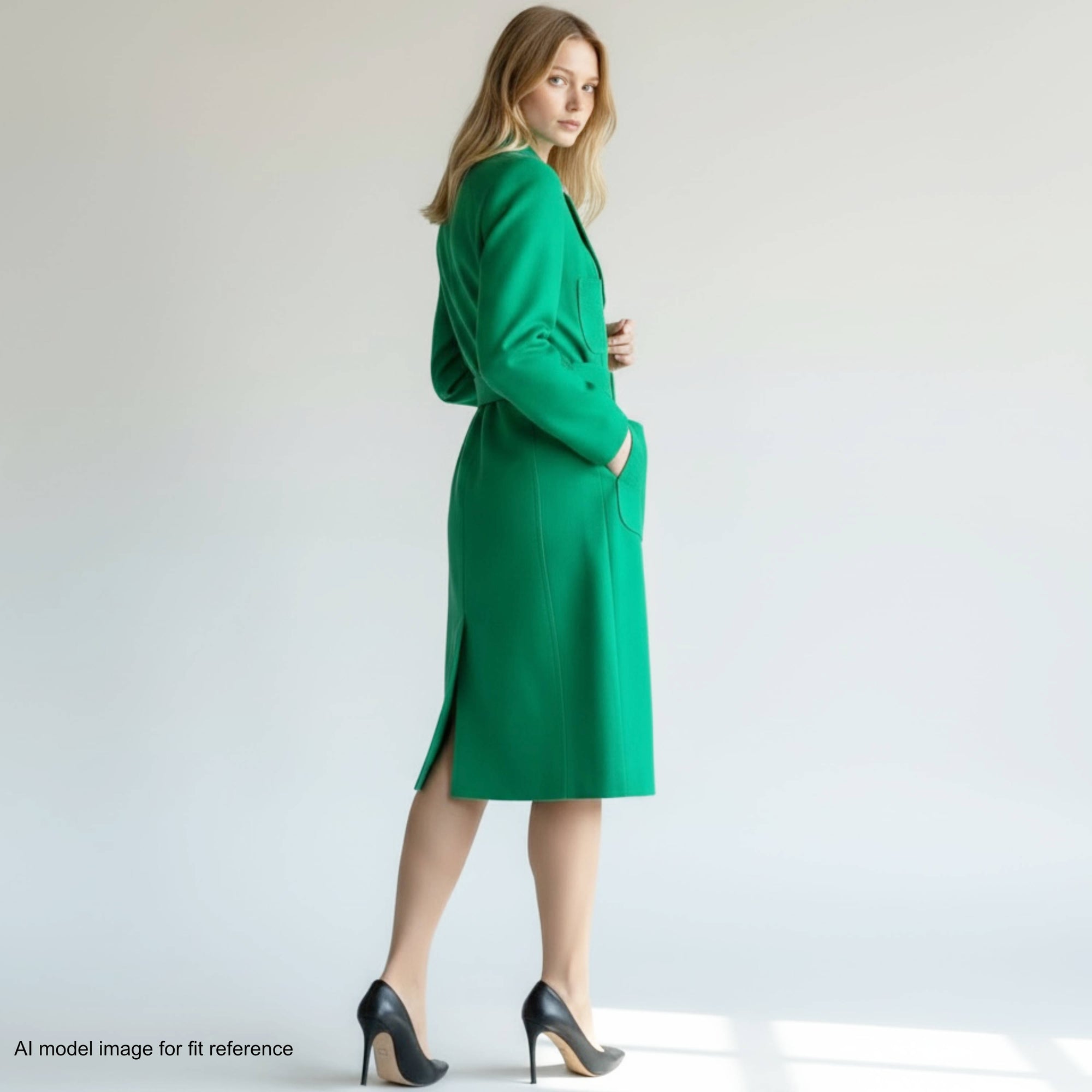 AI model wearing vintage 1970s green wool spring coat