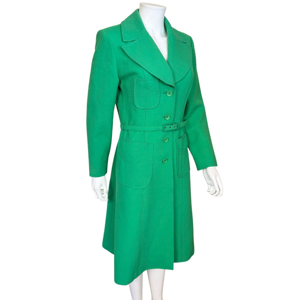 Angled view of vintage 1970s green wool spring coat