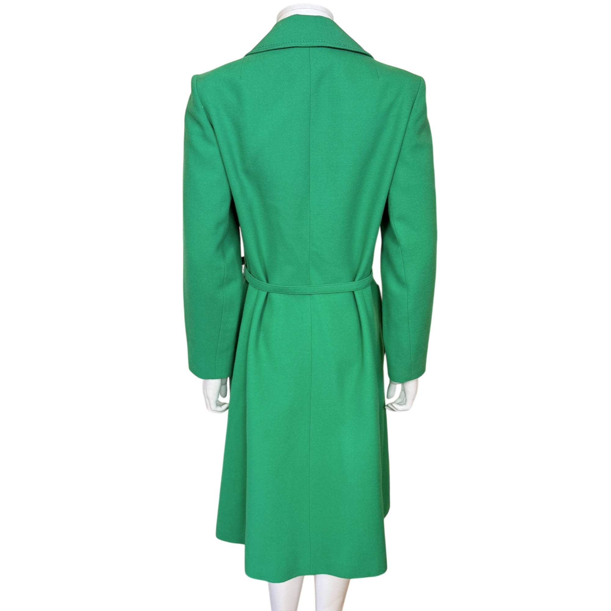 Back view of vintage 1970s green wool spring coat