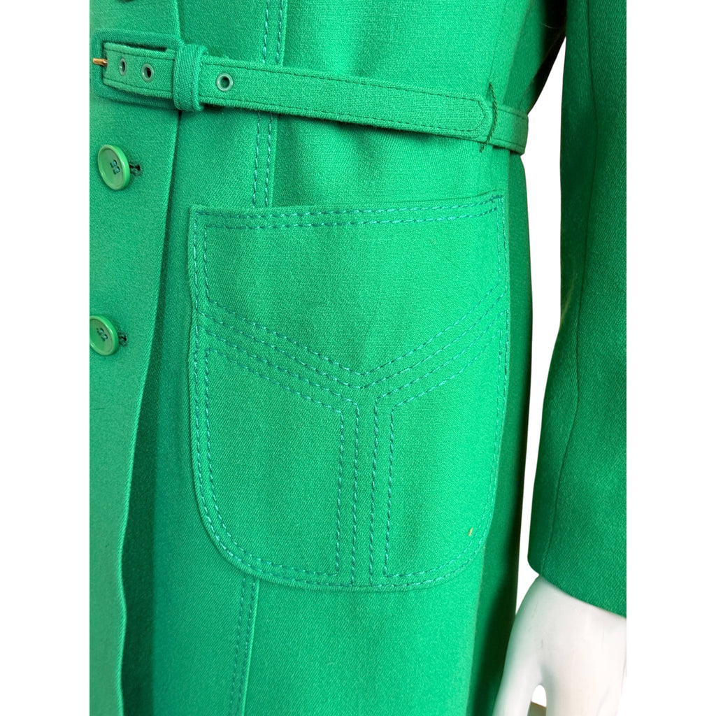 Hip pocket view of vintage 1970s green wool spring coat