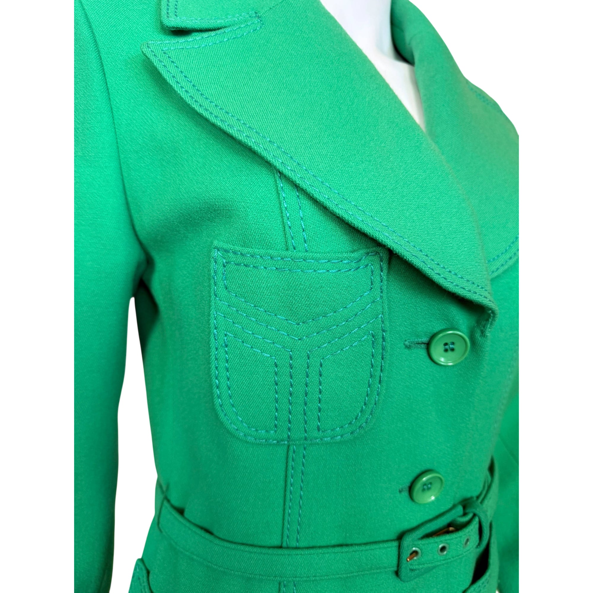 Pocket detail view of vintage 1970s green wool spring coat