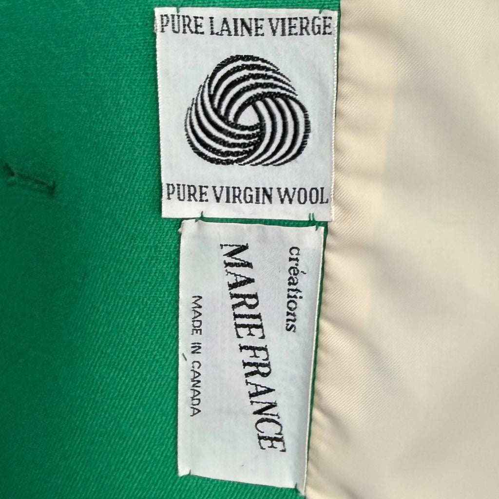 Marie France and Pure Virgin Wool labels on view of vintage 1970s green wool spring coat