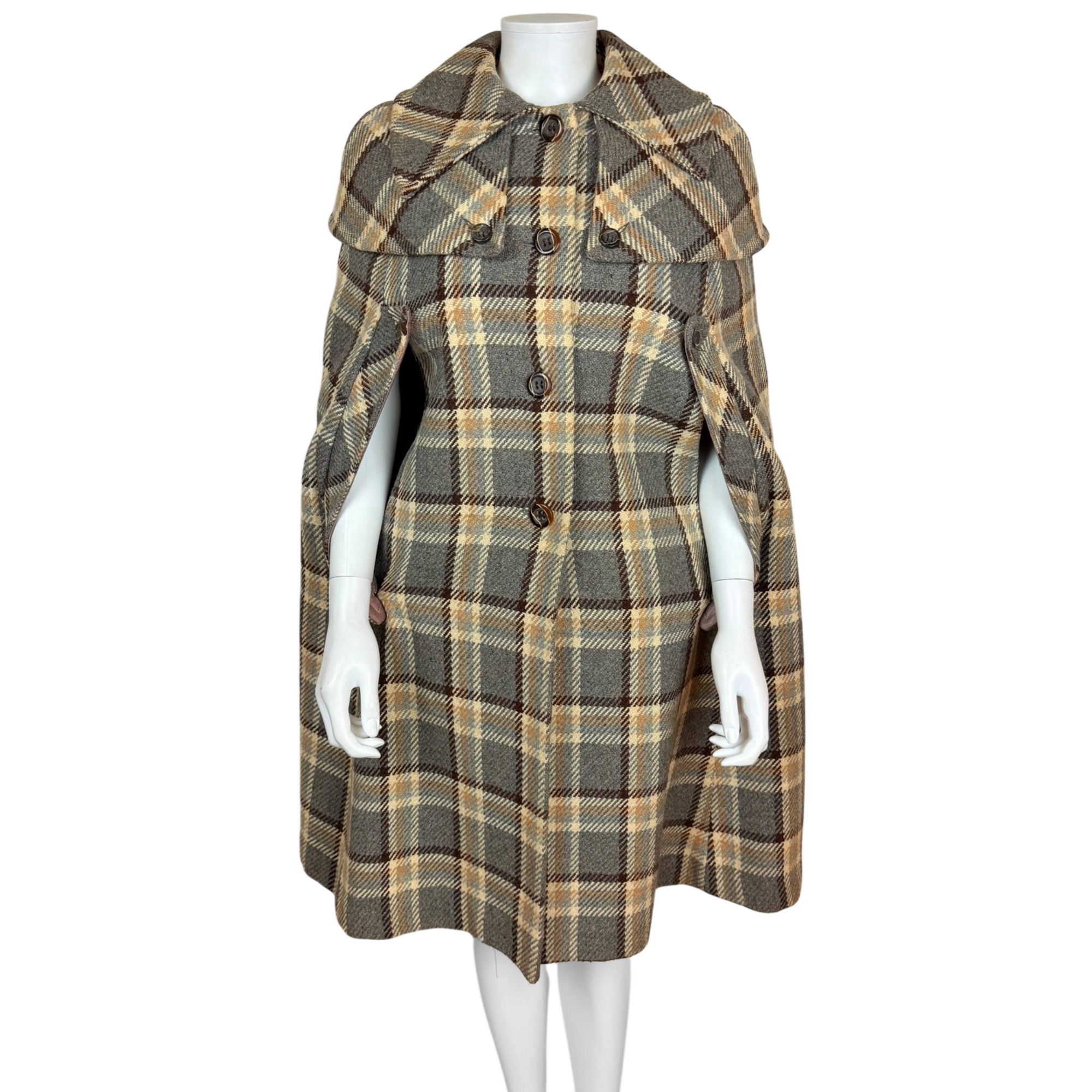 Vintage 1970s Marielle Fleury Cape Plaid Tweed Wool Size M