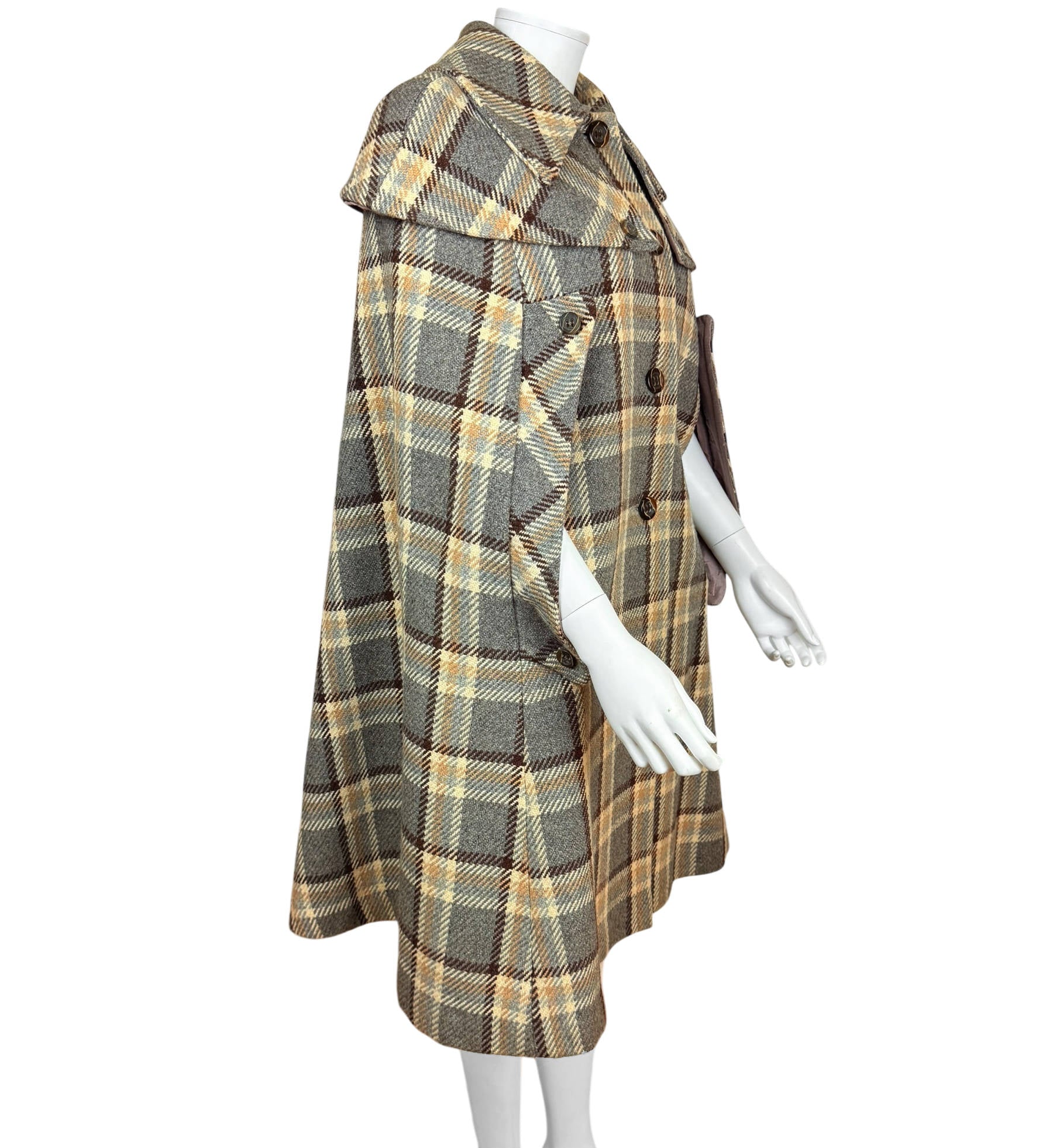 Vintage 1970s Marielle Fleury Cape Plaid Tweed Wool Size M