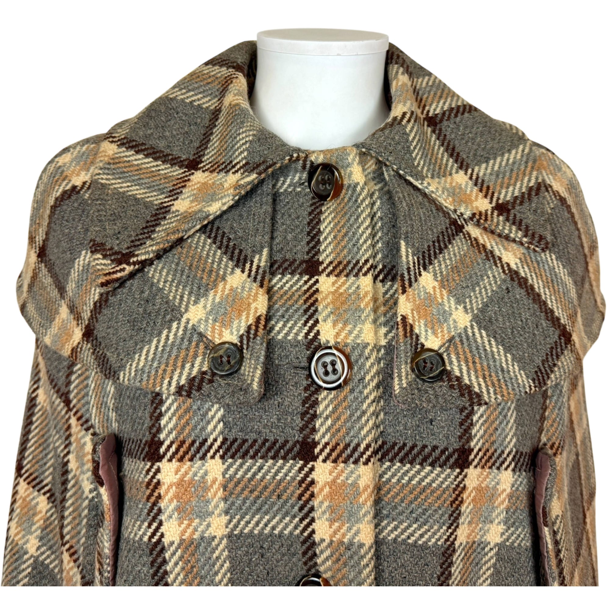 Vintage 1970s Marielle Fleury Cape Plaid Tweed Wool Size M