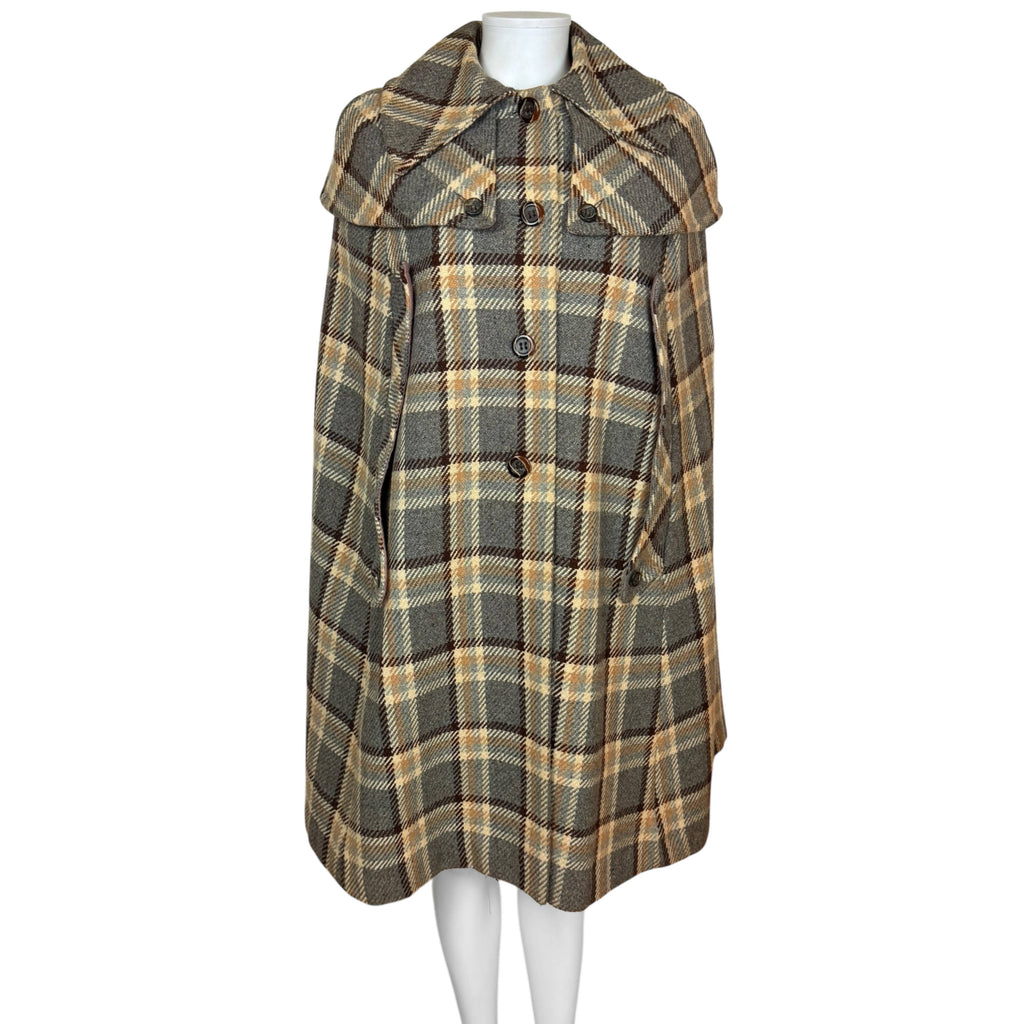 Vintage 1970s Marielle Fleury Cape Plaid Tweed Wool Size M