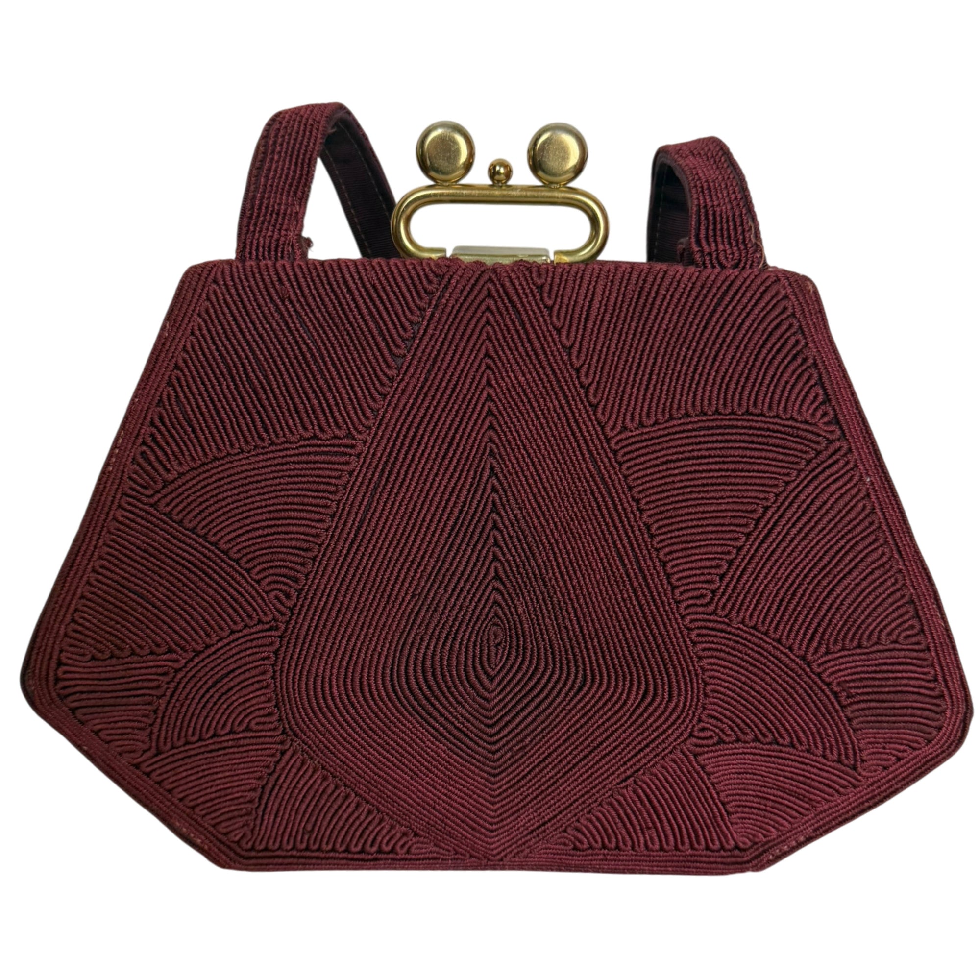 close up of 1940s burgundy cordé handbag