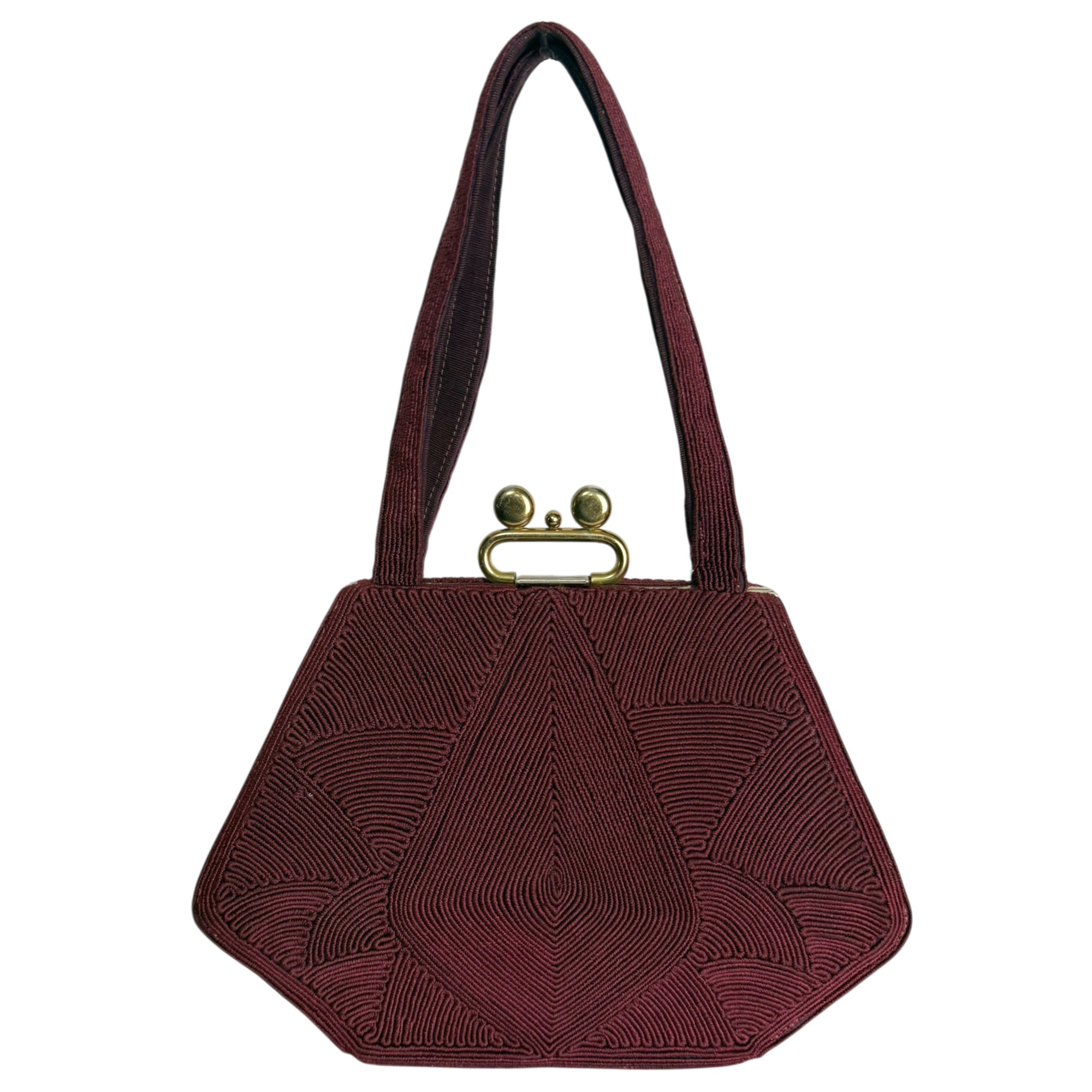 Vintage 1940s Maroon Cordé Handbag Geometric Sculptural Purse