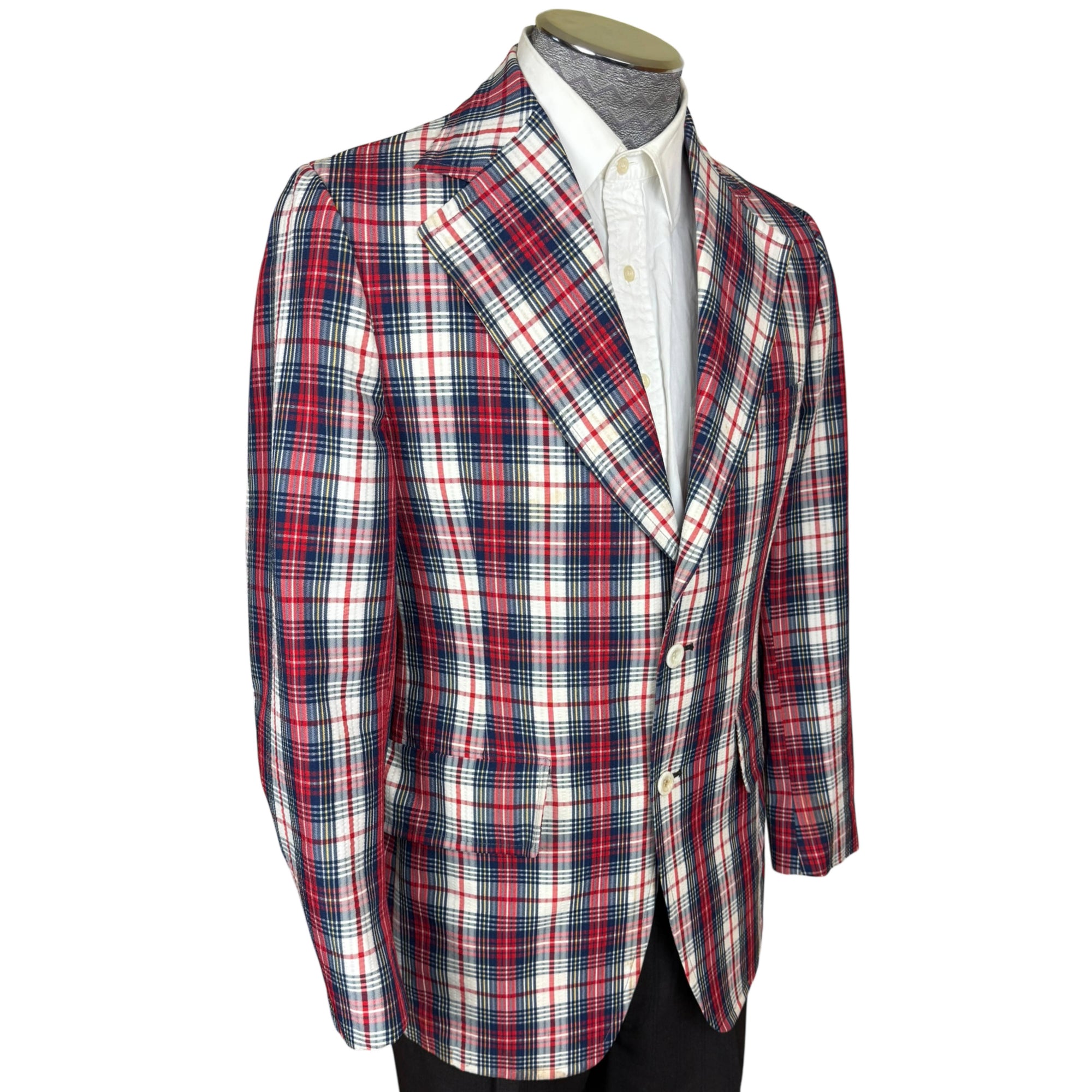 Vintage 1970s Plaid Blazer Jacket Red White Blue Check Size 36
