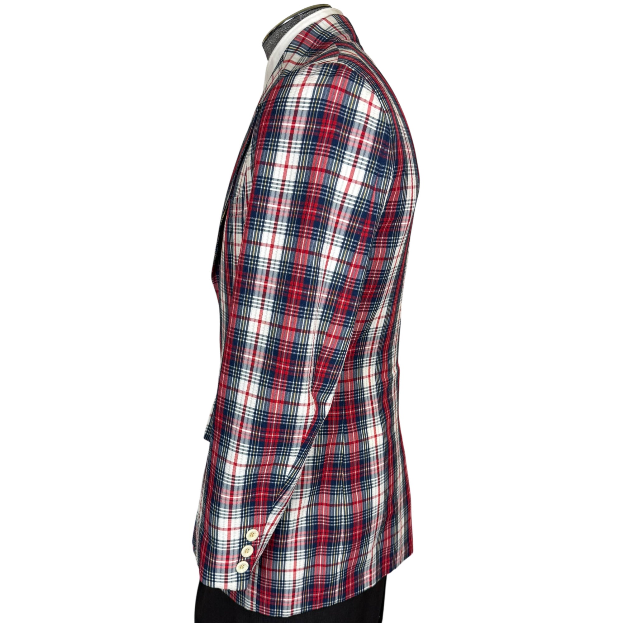 Vintage 1970s Plaid Blazer Jacket Red White Blue Check Size 36