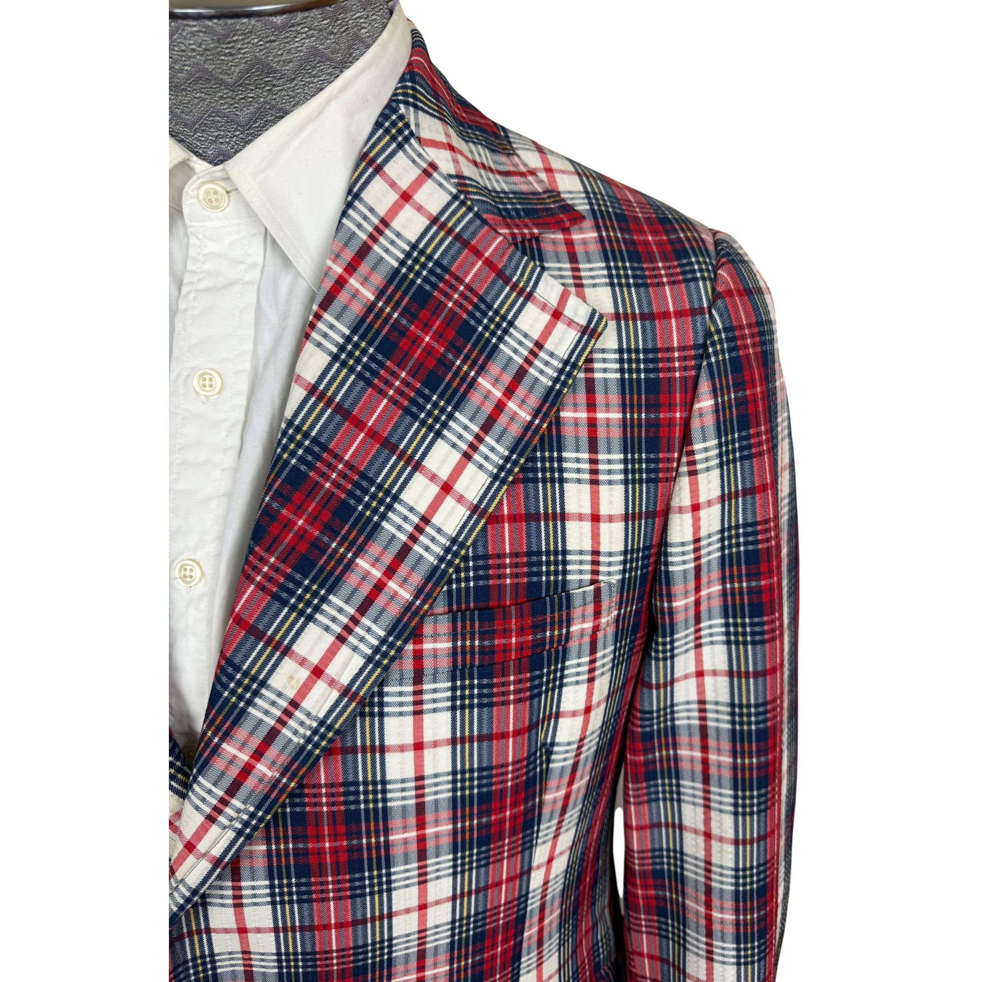 Vintage 1970s Plaid Blazer Jacket Red White Blue Check Size 36
