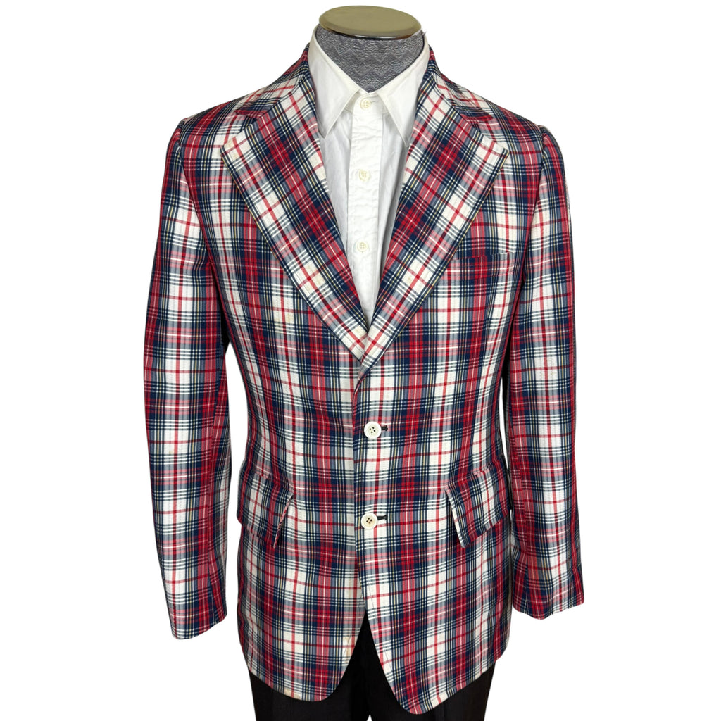 Vintage 1970s Plaid Blazer Jacket Red White Blue Check Size 36