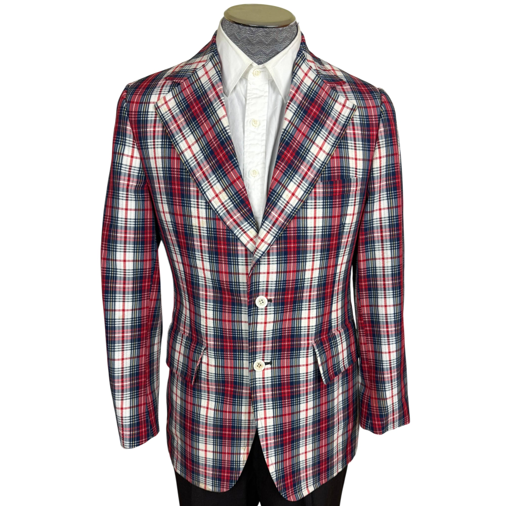 Vintage 1970s Plaid Blazer Jacket Red White Blue Check Size 36