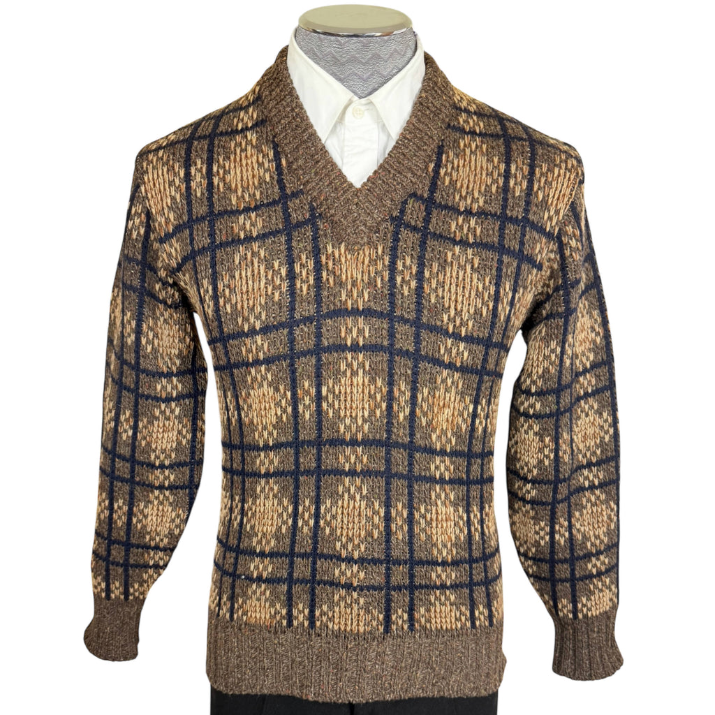 1970s Vintage McGregor Wool Sweater Plaid Knit Pullover Made in Japan
