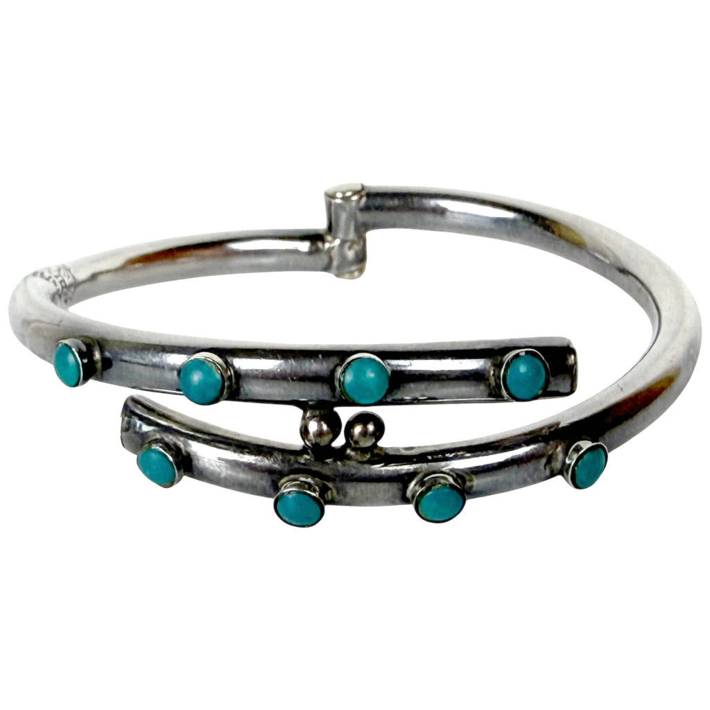 Vintage Mexican sterling silver turquoise hinged cuff bracelet Eagle 78