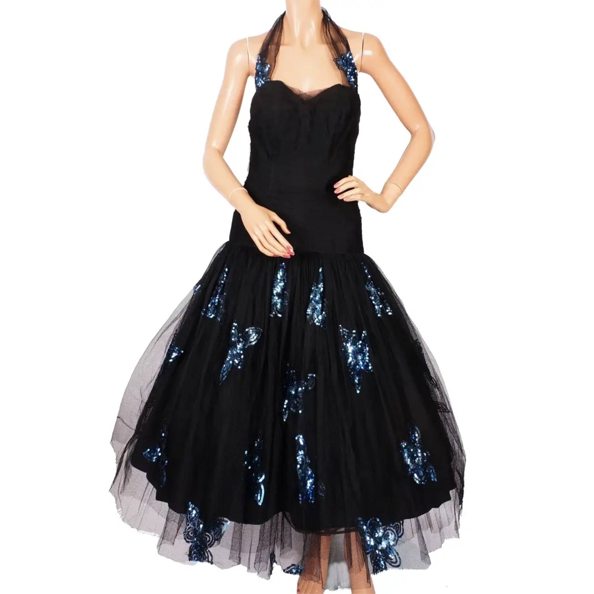 Vintage 1940s Bombhell Dress Black Tulle Halter Neck Size M Poppy's Vintage Clothing Vintage 1940s Bombhell Dress Black Tulle Halter Neck Size M Poppy's Vintage Clothing