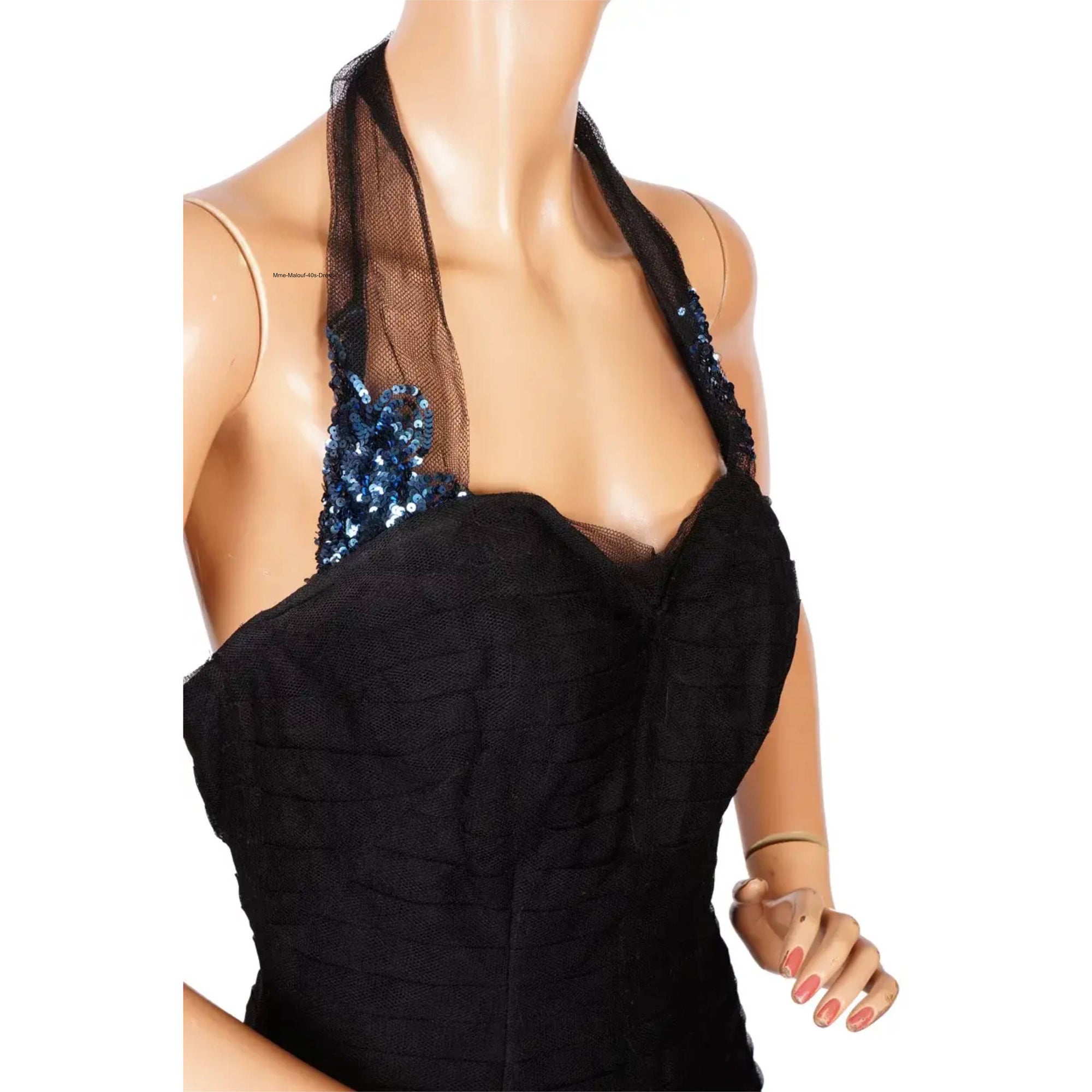 Vintage 1940s Bombhell Dress Black Tulle Halter Neck Size M Poppy's Vintage Clothing Vintage 1940s Bombhell Dress Black Tulle Halter Neck Size M Poppy's Vintage Clothing