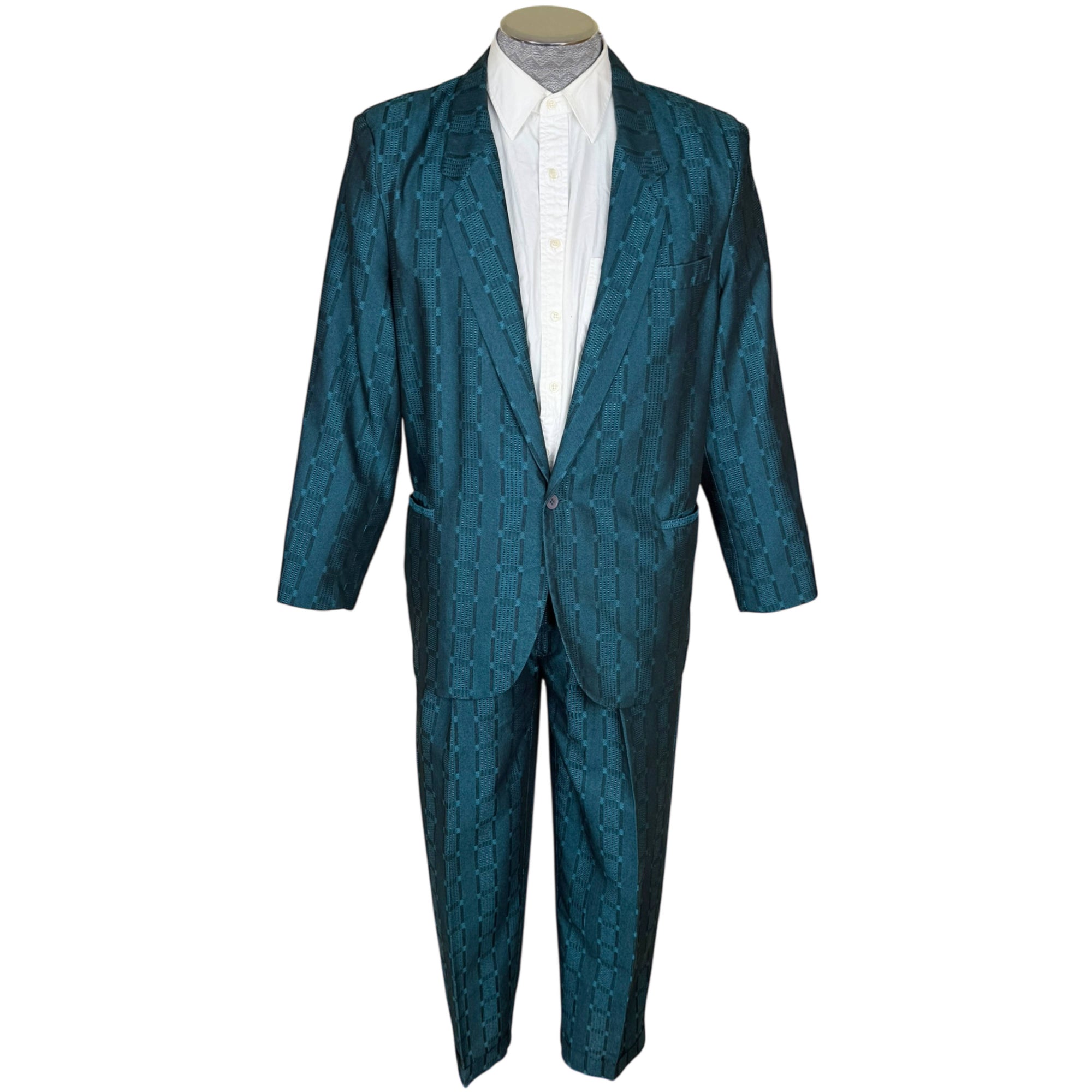 Vintage 1980s New Wave Suit Shiny Teal Jacquard Size M 33" Waist