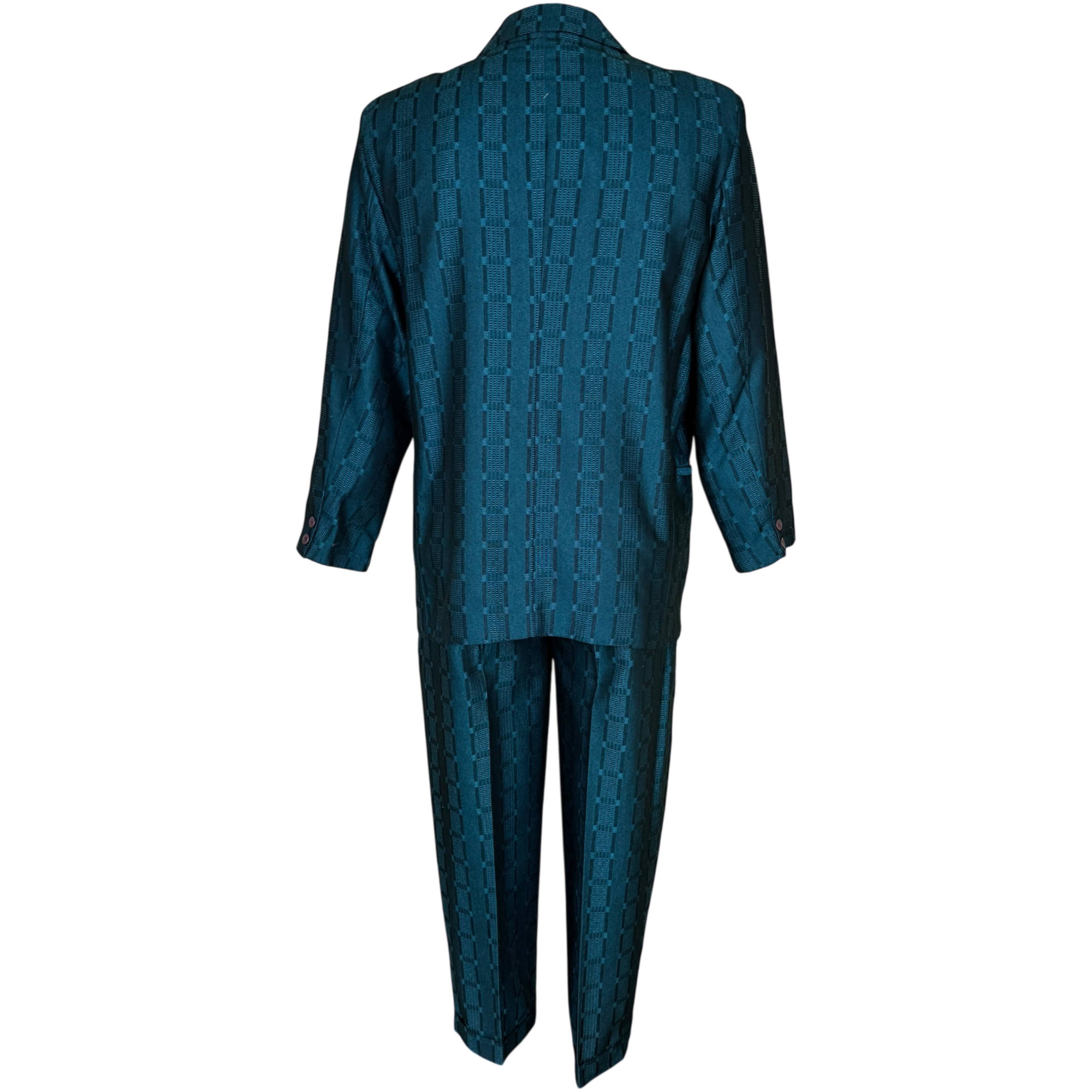 Vintage 1980s New Wave Suit Shiny Teal Jacquard Size M 33" Waist