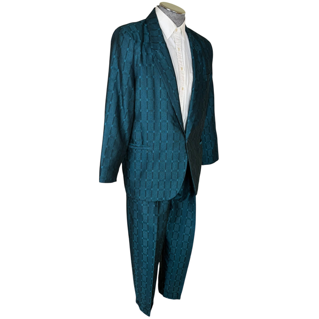 Vintage 1980s New Wave Suit Shiny Teal Jacquard Size M 33" Waist