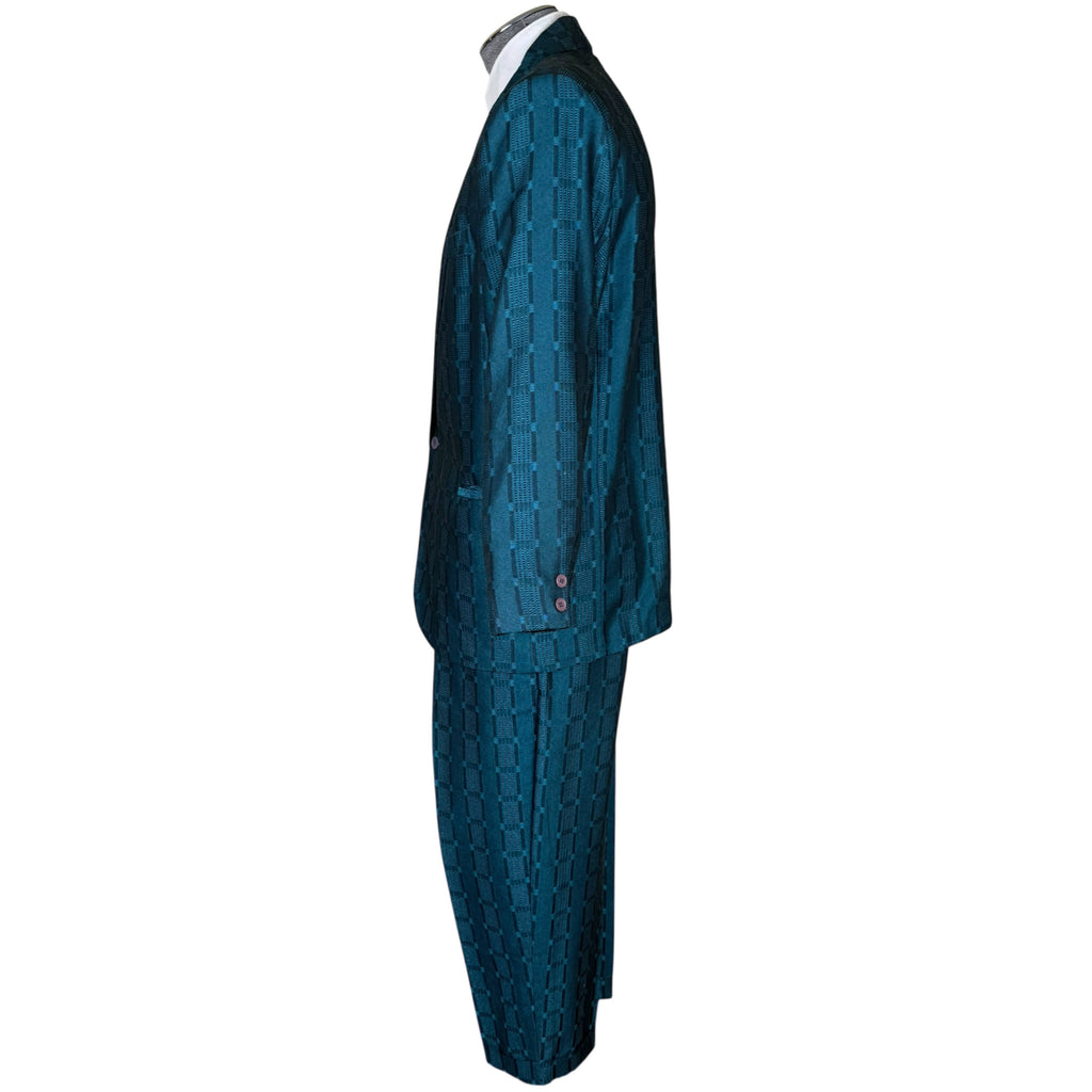 Vintage 1980s New Wave Suit Shiny Teal Jacquard Size M 33" Waist